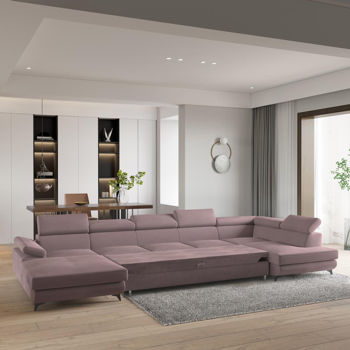 WOHNLANDSCHAFT MONTIVA Lila Velours-Stoff mit Schlaffunktion - Lila, Holz (410/89/190cm) - MASSENO