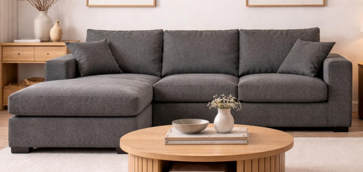 SOFA grau Strukturstoff 308 cm, Ecksofa 5-Sitzer, L-Sofa Ottomane links - Schwarz/Grau, Holz/Textil (308/186cm) - Inn.Furn