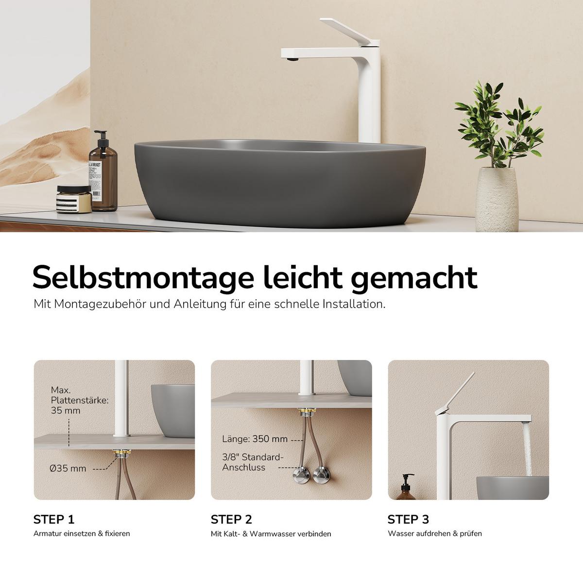 WASCHTISCHARMATUR mit Zertifiziertem Filterelement Weiß Matt Hoher Stil - Weiß, Metall (23.3/4.6/33.5cm) - EMKE