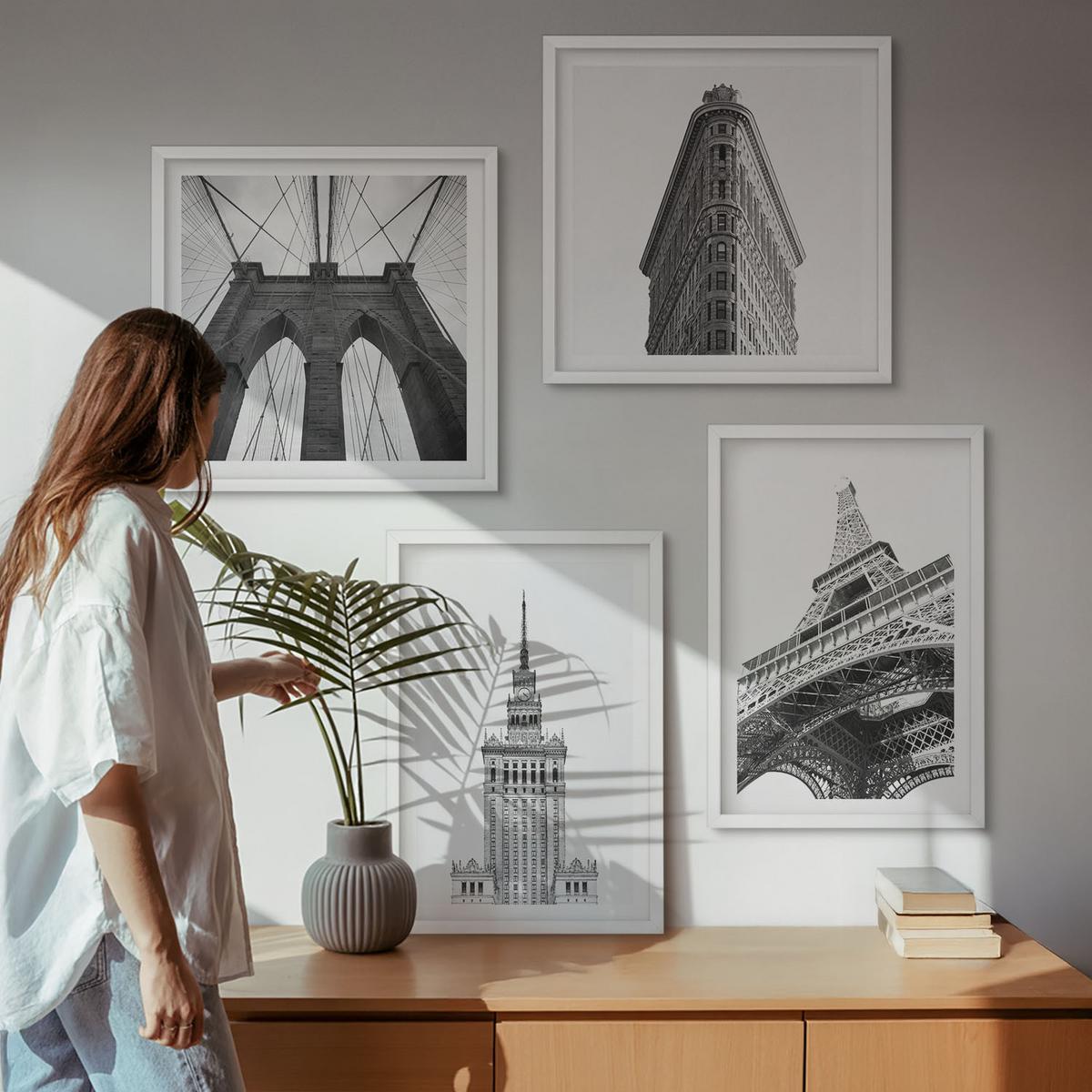 BILDER SET 4er Set - 50x50 cm & 40x60 cm Weißer Rahmen - Architektur Schwarz-Weiß-Minimalismus - Weiß, Kunststoff (50/50cm) - TULUP