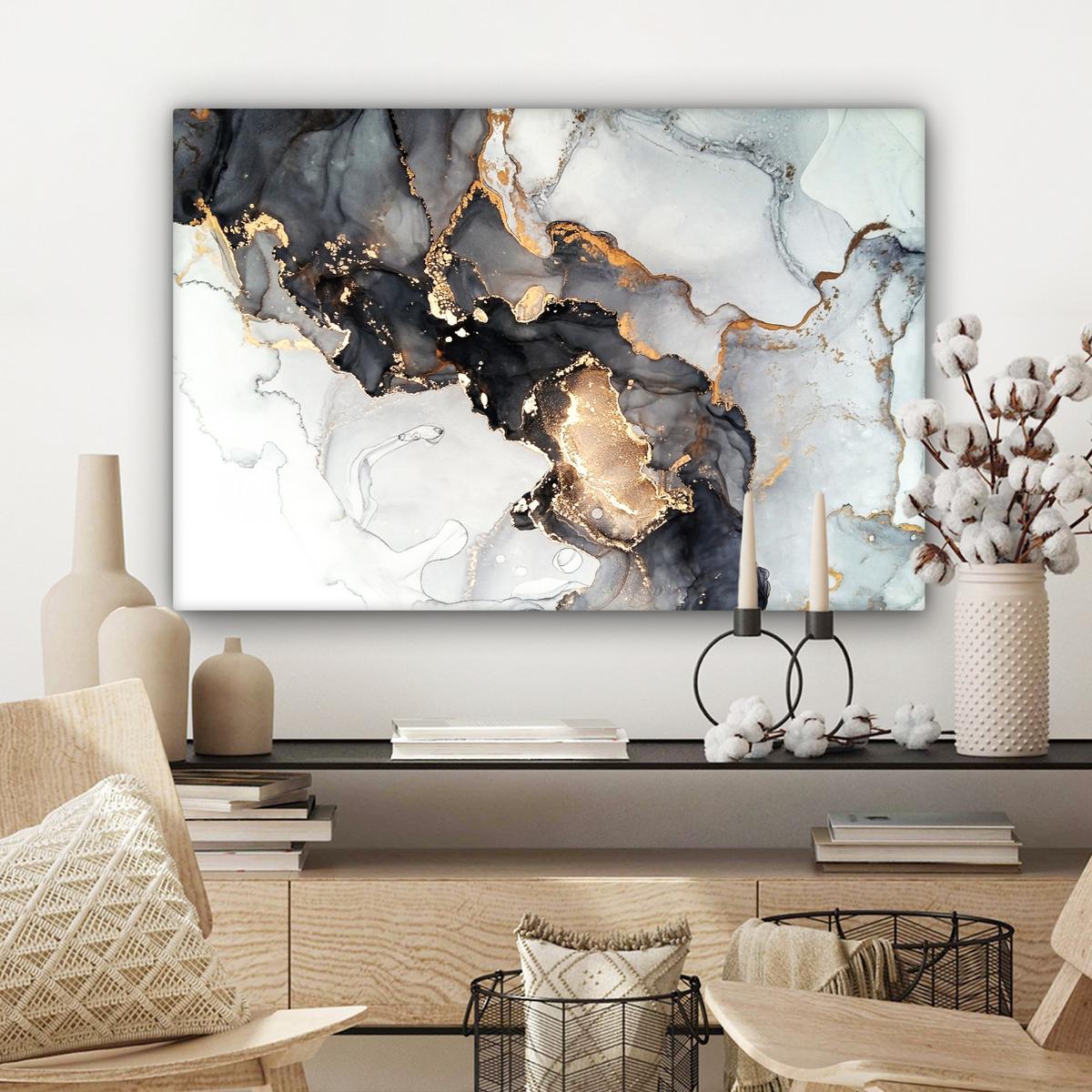 LEINWANDBILD Marmor - Schwarz - Weiß - Gold - Luxus - Abstrakt Gemälde 60x40 cm - Goldfarben, Textil (60/40cm) - MuchoWow