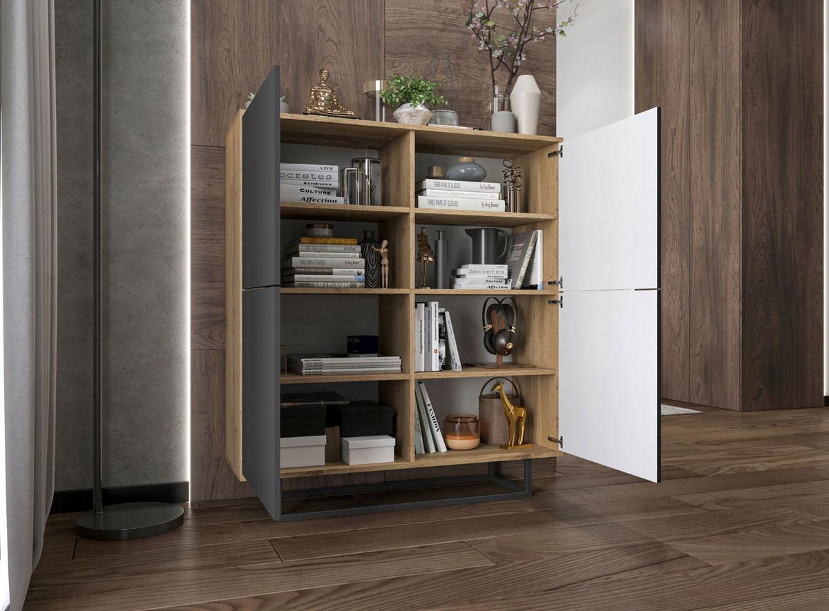 KOMMODE Apollo 4D Eiche wotan Graphit Matt 113 cm - Graphitfarben/Schwarz, Holzwerkstoff/Metall (113/127/35cm) - Meble Lindner