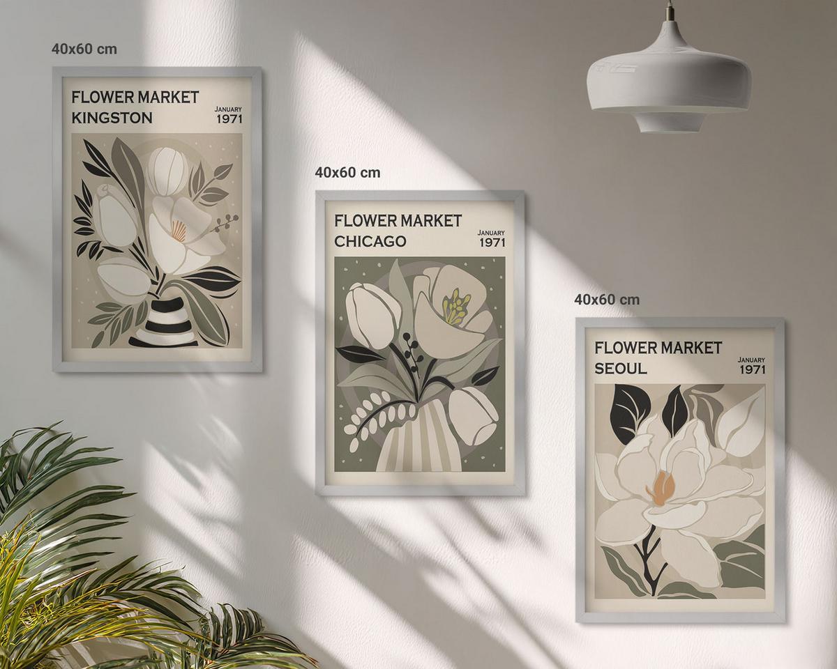 BILDER SET 3er Set - 40x60 cm Silberner Rahmen - Blumen Kingston Seoul Chicago Retro - Silberfarben, Kunststoff (40/60cm) - TULUP