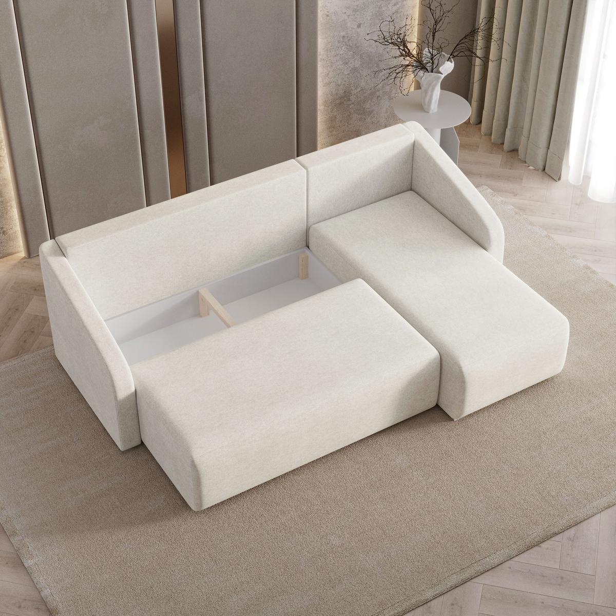 ECKSOFA MARELLO Creme Geflochtener Stoff mit Schlaffunktion - Creme, Holz (220/143cm) - MASSENO