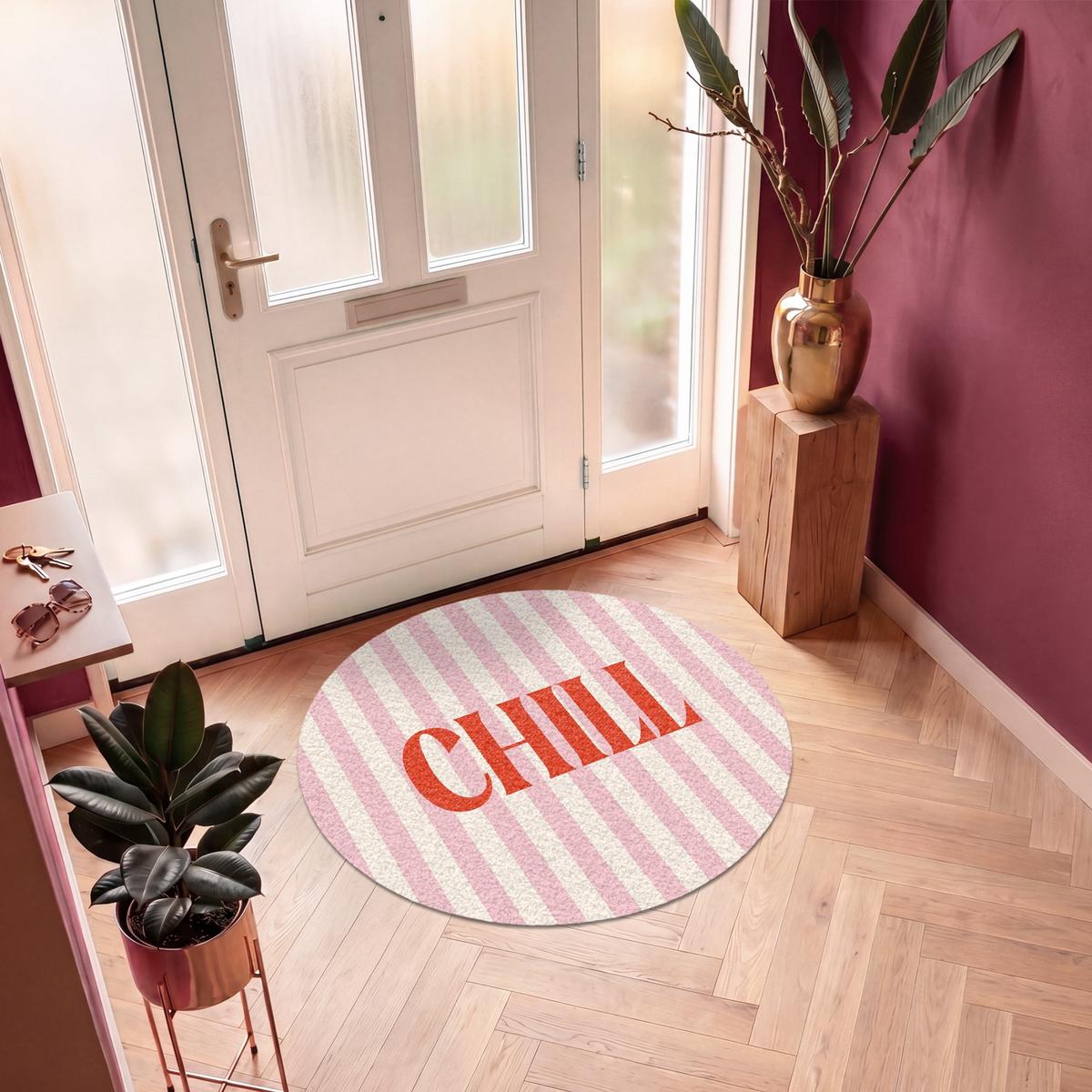 FUSSMATTE Zartrosa – Rot – Streifen – Chill 120x120 cm - Rosa, Kunststoff (120/0.4cm) - MuchoWow