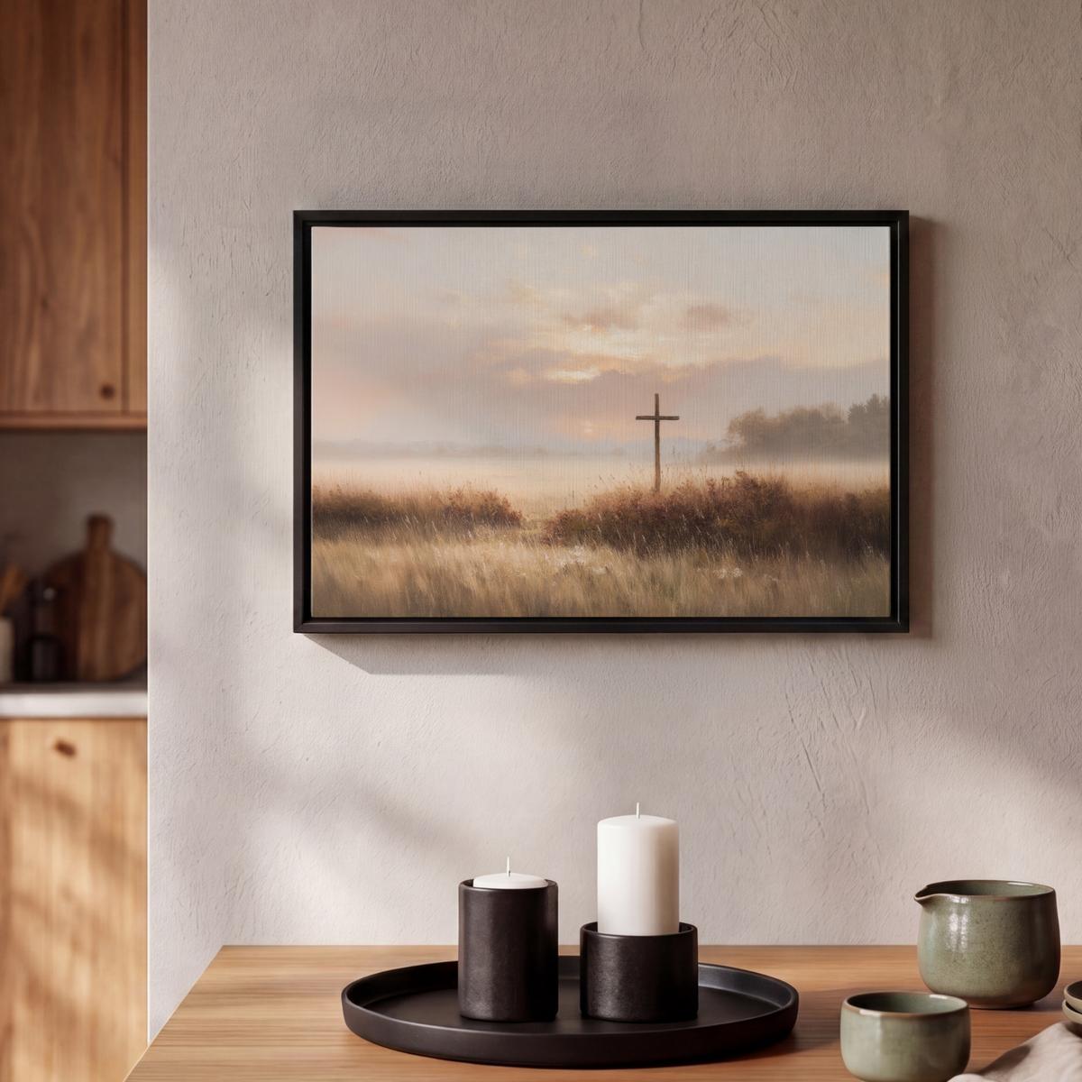 LEINWAND Bilder mit Rahmen - Gras - Morgennebel - Kreuz - Christentum - 30x20 - Beige, Textil (30/20cm) - MuchoWow