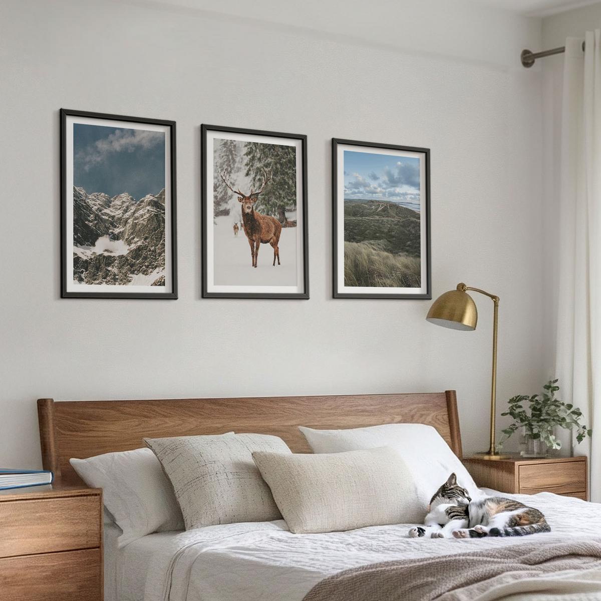 BILDER SET 3er Set - 40x60 cm Schwarzer Rahmen - Berge, Schnee, Hirsche, Waldlandschaft - Schwarz, Kunststoff (40/60cm) - TULUP