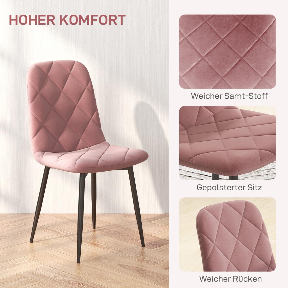 ESSZIMMERSTÜHLE 4er Set Küchenstuhl mit Rückenlehne, Samtoptik, Sessel Rosa - Rosa, Kunststoff (54/87/45cm) - HOMCOM
