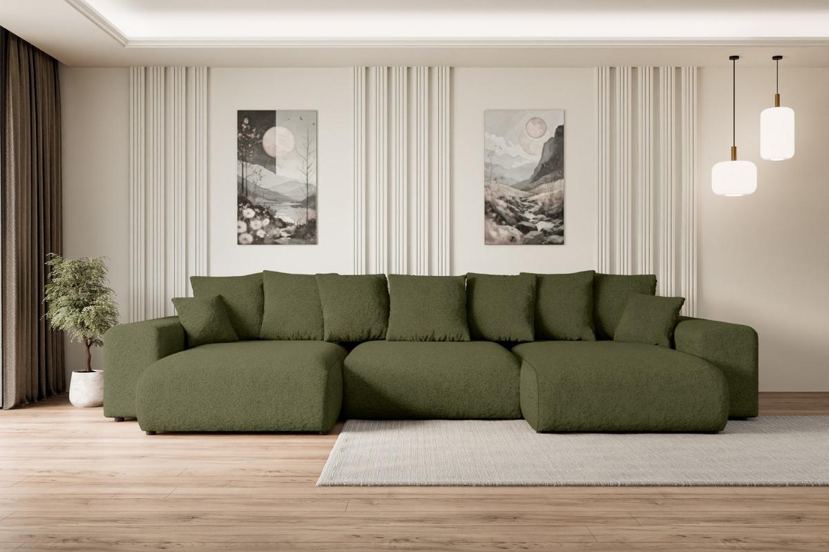 WOHNLANDSCHAFT mit Schlaffunktion ESKAR-U -364x176x84cm Grün Bouclé - Schwarz/Grün, Holzwerkstoff/Kunststoff (364/72/176cm) - ALTDECOR