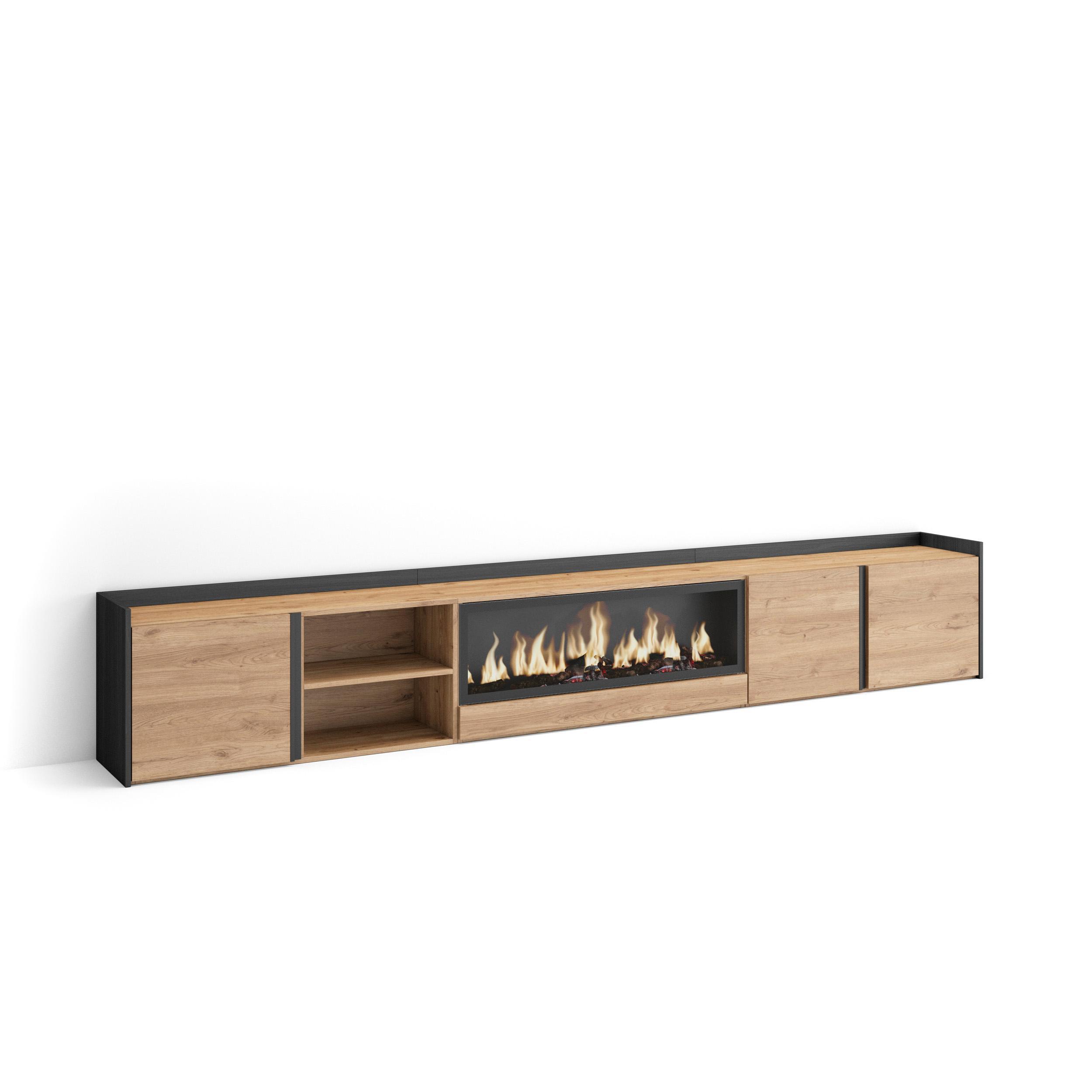 LOWBOARD, Eiche und Schwarz, 315/35/50cm, Kamin mit Feuereffekt XXL - Eichefarben, Holzwerkstoff (315/50/35cm) - Skraut Home