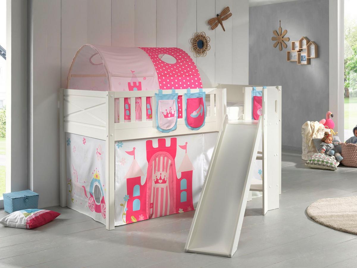 HOCHBETT mit Rutsche Karyl Massivholz Weiß Textilset Princess 4 - Magenta/Weiß, Holz (90/200cm) - 58aufmkessel