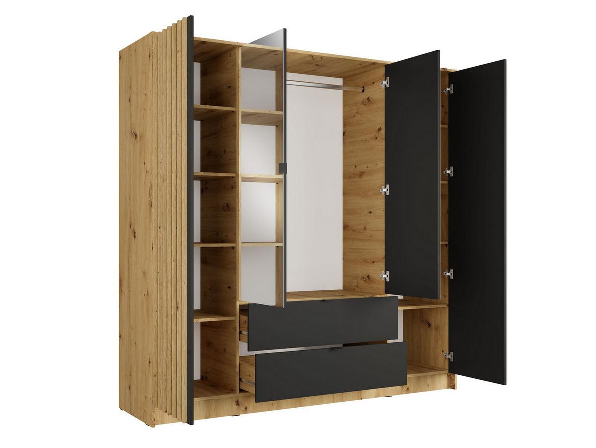 DREHTÜRENSCHRANK SATREN 200/200,5/54,5cm 4-türig mit Spiegel Eiche Artisan - Schwarz/Eiche Artisan, Holzwerkstoff (200/200.5/54.5cm) - MASSENO