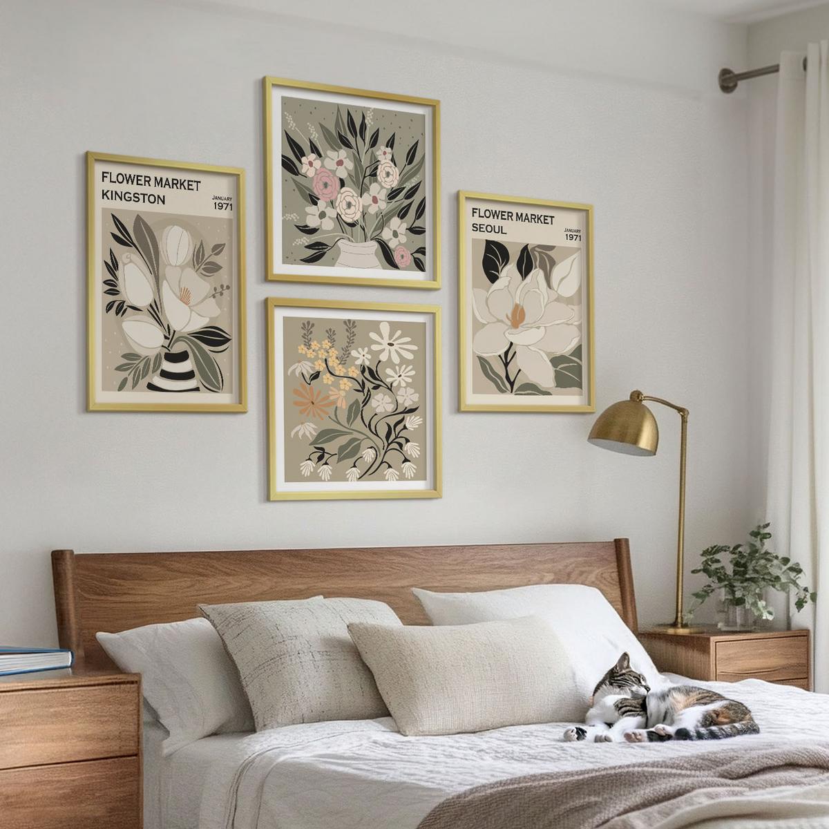 BILDER SET 4er Set - 50x50 cm & 40x60 cm Goldrahmen - Retro-Blumen aus Städten rund um die Welt - Goldfarben, Kunststoff (50/50cm) - TULUP