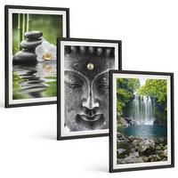 BILDER SET 3er Set - 40x60 cm Schwarzer Rahmen - Harmoniesteine Wasser Buddha - Schwarz, Kunststoff (40/60cm) - TULUP