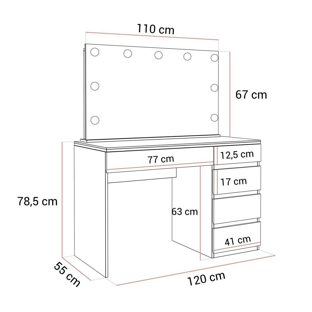 SCHMINKTISCH AURORA II ELITE Weiß hochglanz mit Spiegel und Beleuchtung - Weiß Hochglanz, Holzwerkstoff (120/145/55cm) - Lookway