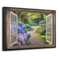 LEINWAND Bilder mit Rahmen - Aussicht - Garten - Fenster - Hortensie - Blumen - 60x40 - Pastellblau, Textil (60/40cm) - MuchoWow