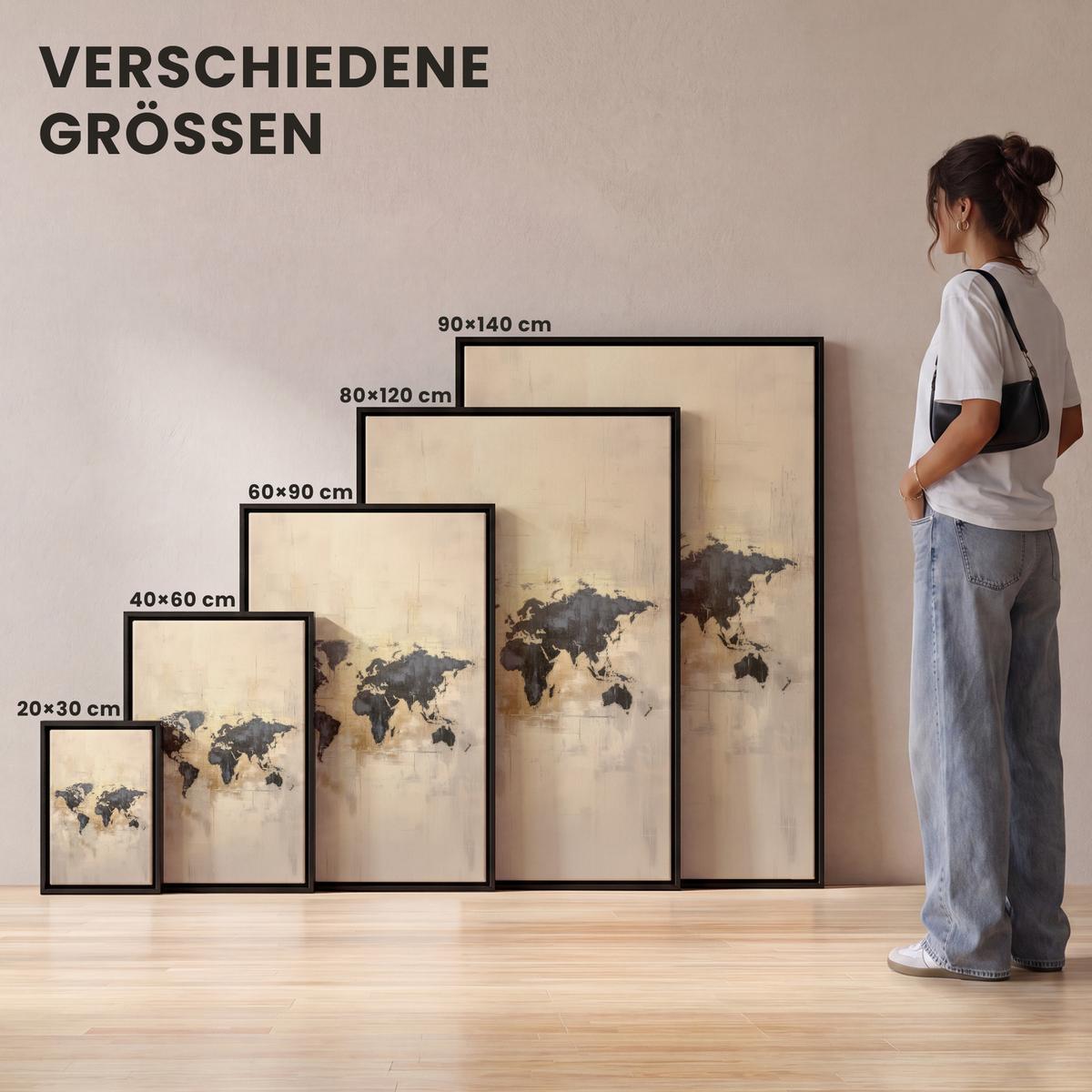 LEINWAND Bilder mit Rahmen - Weltkarte - Gold - Schwarz - Abstrakt - 20x30 - Kupferfarben, Textil (20/30cm) - MuchoWow