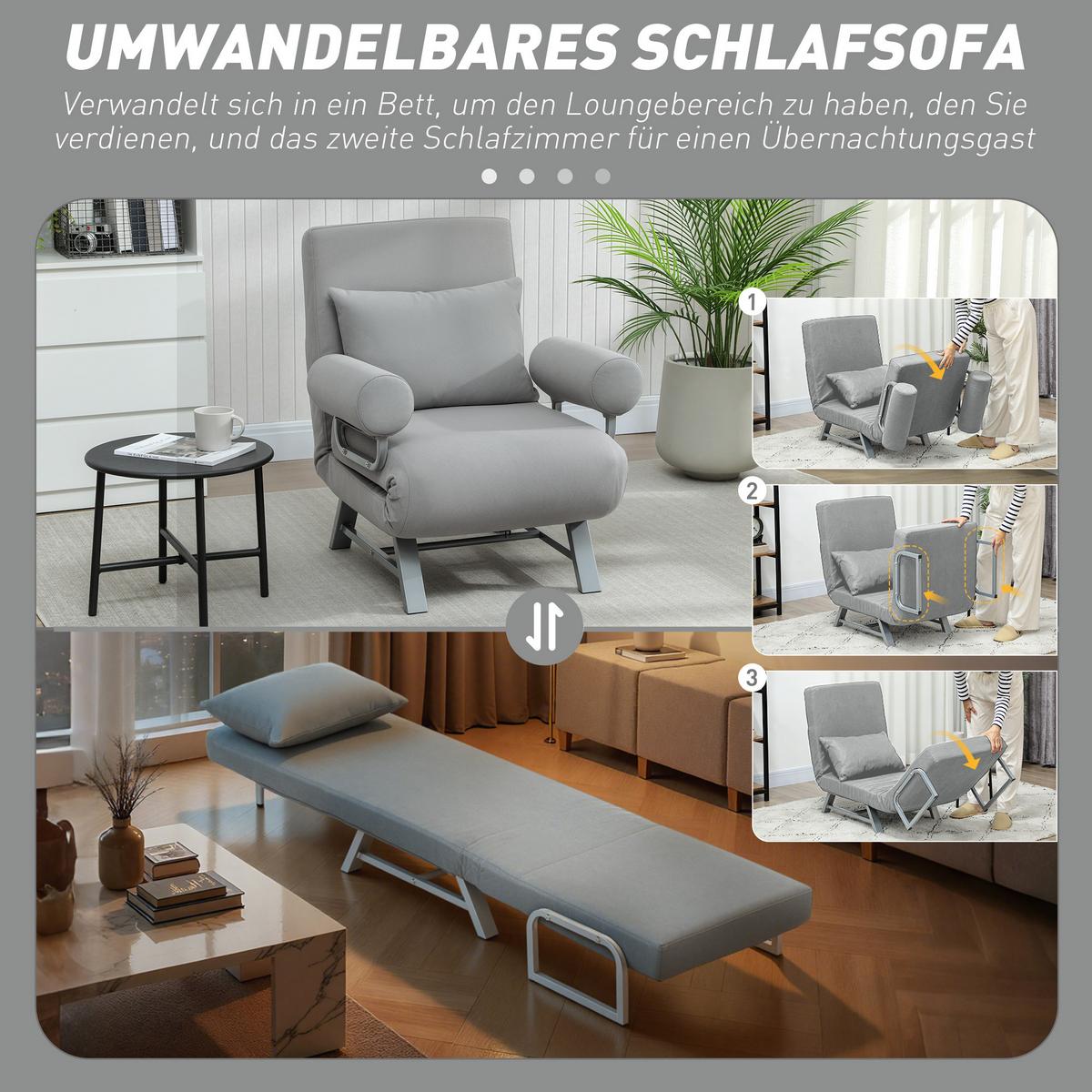 SCHLAFSESSEL 3-in-1 Sessel Bett-Funktion und Zierkissen, Hellgrau - Hellgrau/Grau, Textil/Metall (73/81/78cm) - HOMCOM