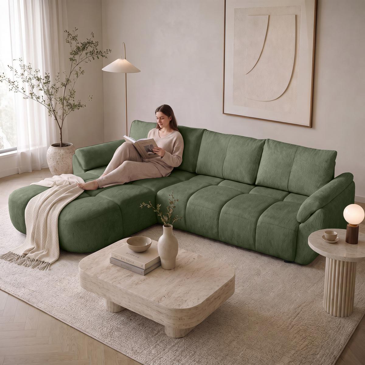 ECKSOFA Massimo, universelle Eckschlafsofa 280 cm mit Schlaffunktion und Bettkasten, Grün - Grün, Textil (283/204cm) - Beautysofa