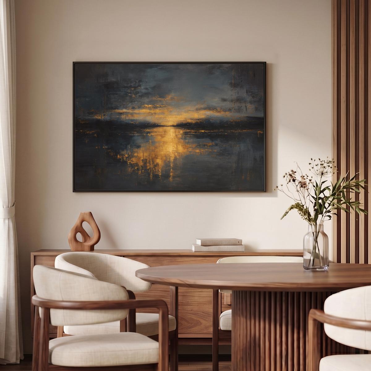LEINWAND Bilder mit Rahmen - Goldene Reflexion auf dem Wasser - 90x60 - Anthrazit, Textil (90/60cm) - MuchoWow