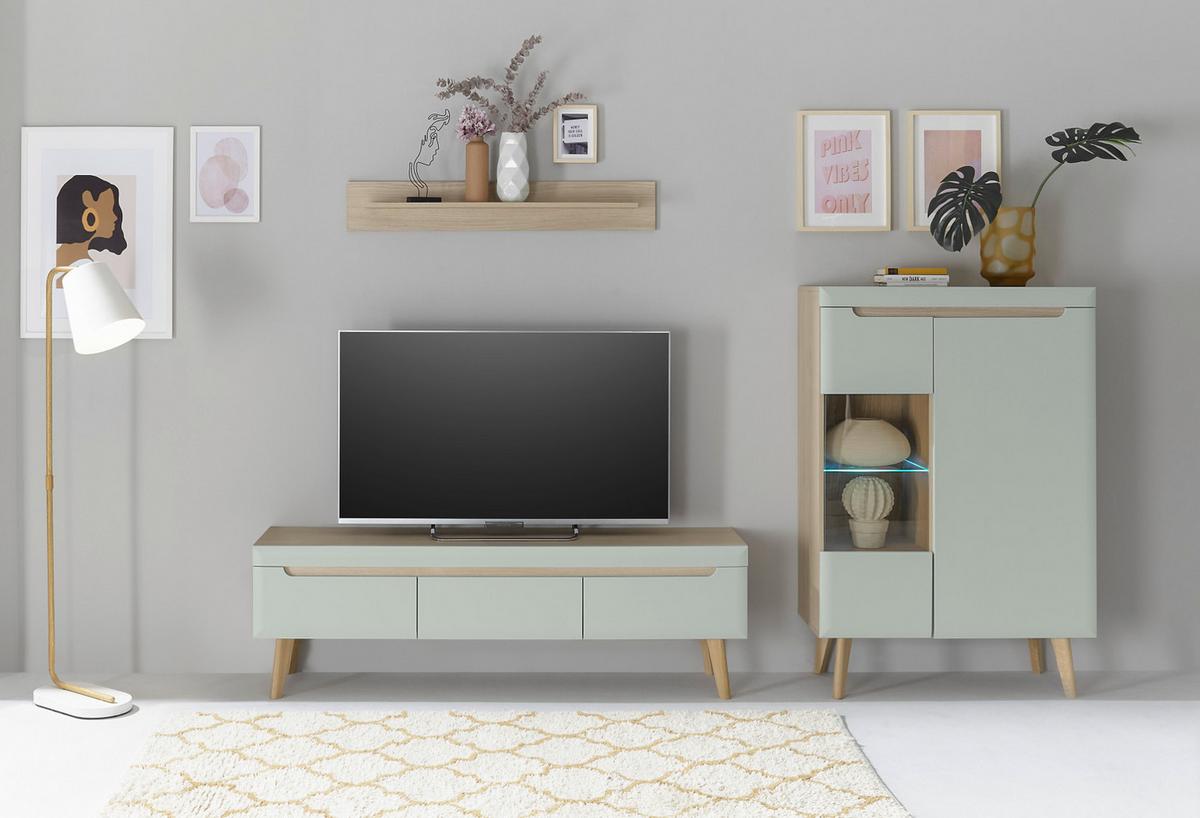HIGHBOARD Pistazie grün, Eiche, skandinavisch 90 x 134 cm, Vitrine mit Soft-Close-Funktion - Eichefarben/Pastellgrün, Glas/Holz (90/134/40cm) - Furn.Design