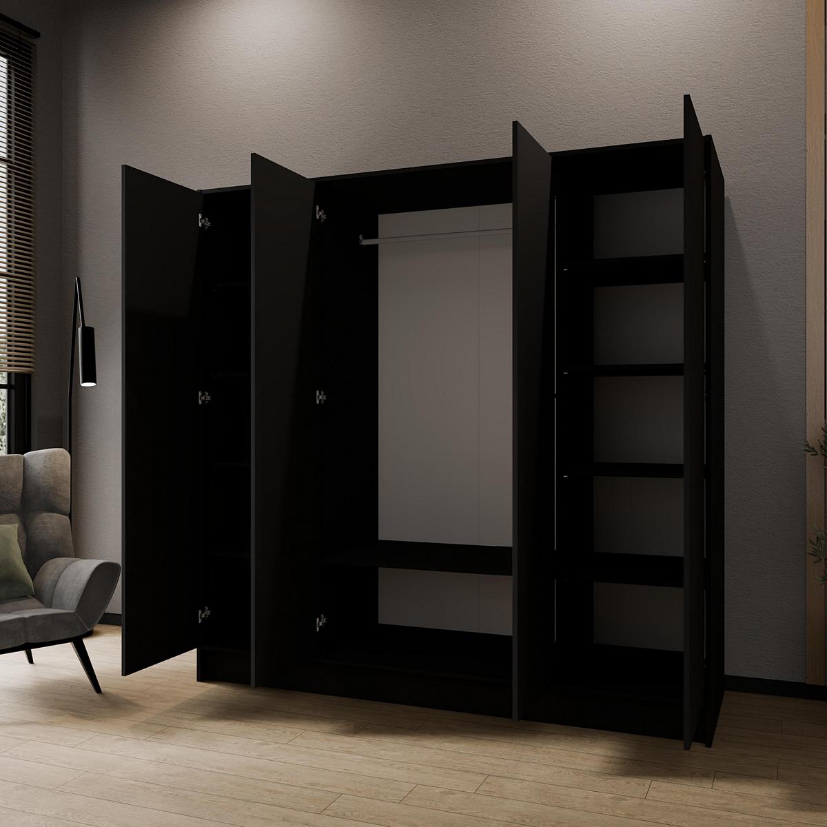 DREHTÜRENSCHRANK VELAR 200/200/51 cm Modern Kleiderschrank 4-türig Schwarz - Schwarz, Holzwerkstoff (200/200/51cm) - MASSENO