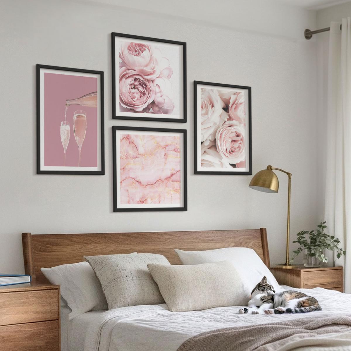 BILDER SET 4er Set - 50x50 cm & 40x60 cm Schwarzer Rahmen - Rosen, Champagner, Marmor, Pastell - Schwarz, Kunststoff (50/50cm) - TULUP