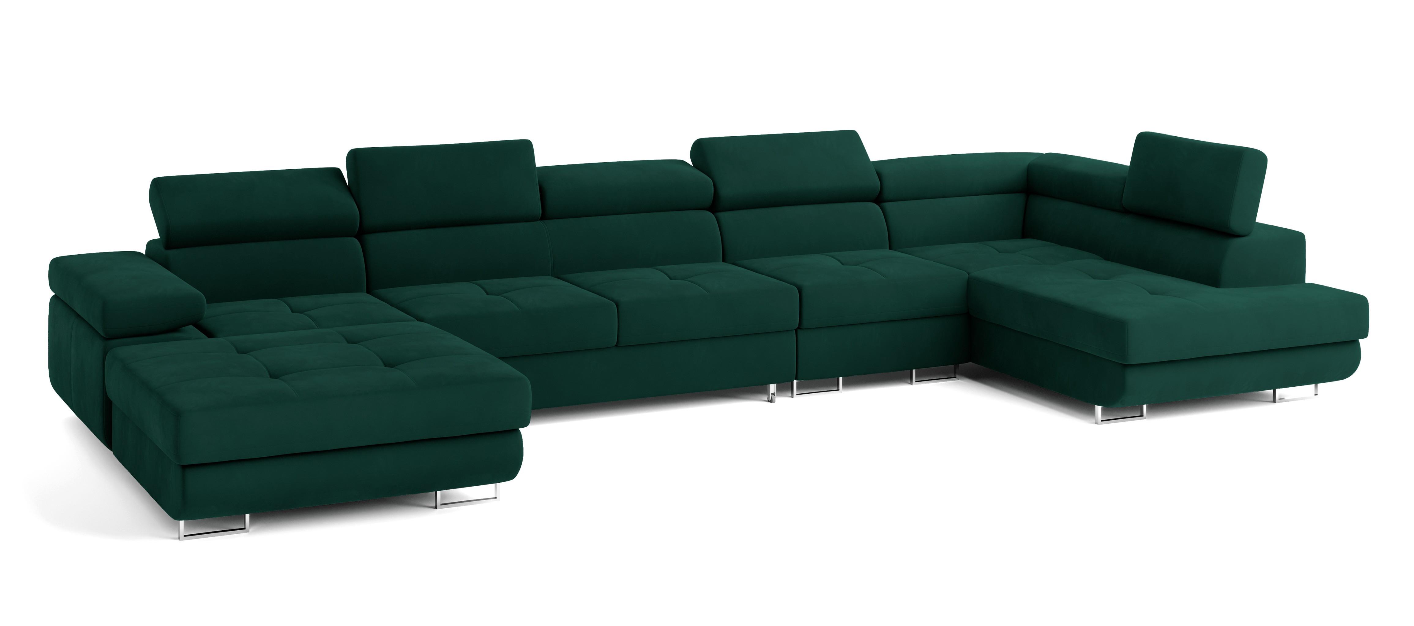 WOHNLANDSCHAFT VELORA R-S Grün Velours-Stoff mit Schlaffunktion - Grün, Holz (419/90/202cm) - MASSENO