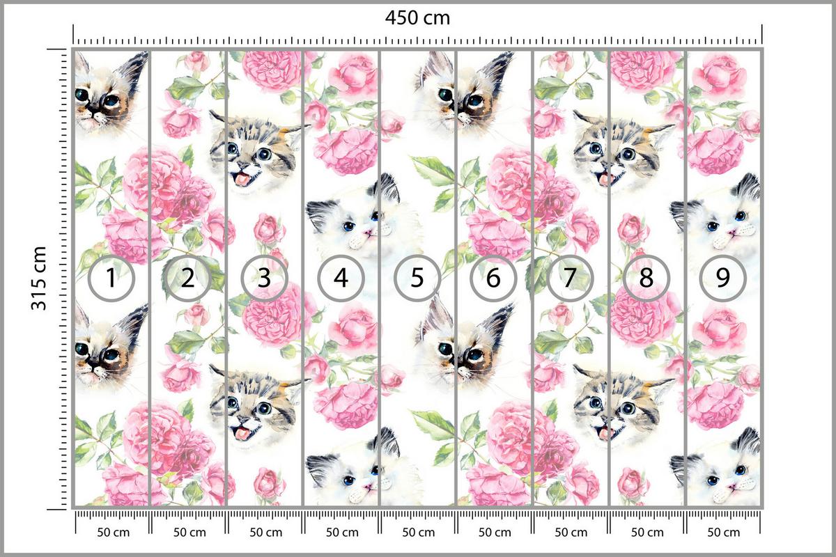 FOTOTAPETE für Badezimmer Kätzchen Rosen Blumen 450x315 - Beige/Rosa, Papier (450/315cm) - Muralo