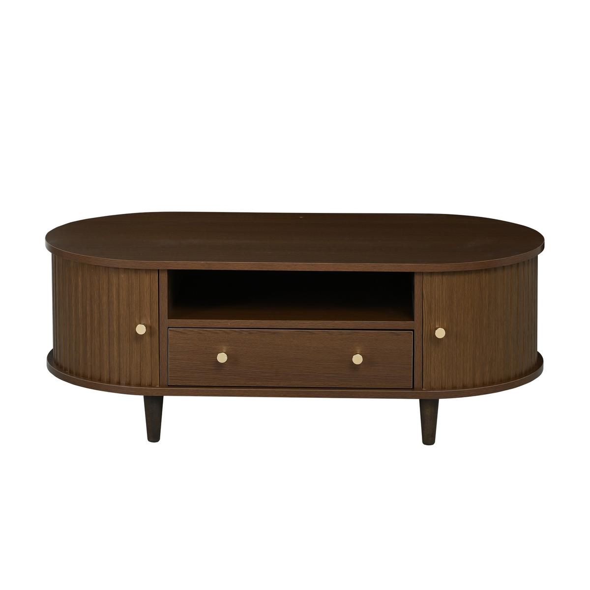 COUCHTISCH Ovales Design mit Rolltür & Schublade - Walnussfarben, Holzwerkstoff (50/100/36cm) - Urban Meuble
