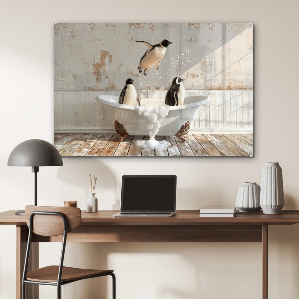 ACRYLGLASBILD Vintage - Pinguin - Badewanne - Schaumstoff Room Decor 90x60 cm - Schwarz, Glas (90/60cm) - MuchoWow