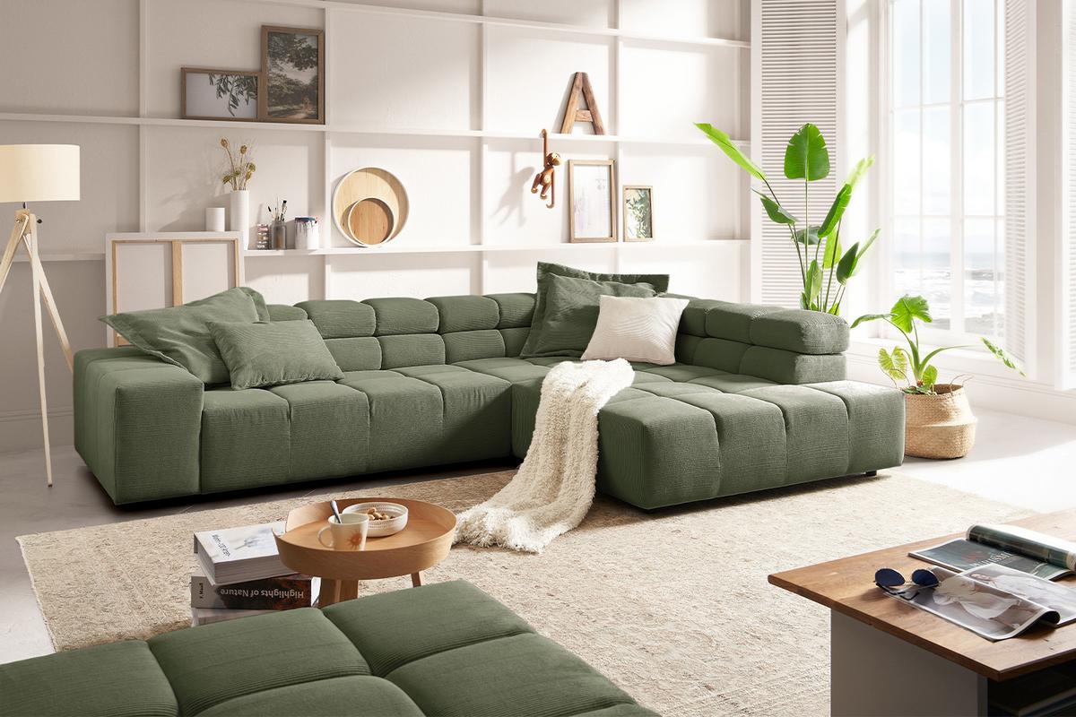 ECKSOFA MIT MOTORISCHEM SITZVORZUG NEVADA Dunkelgrün Cord Relaxfunktion - Dunkelgrün/Schwarz, Kunststoff/Textil (319/215cm) - KAWOLA