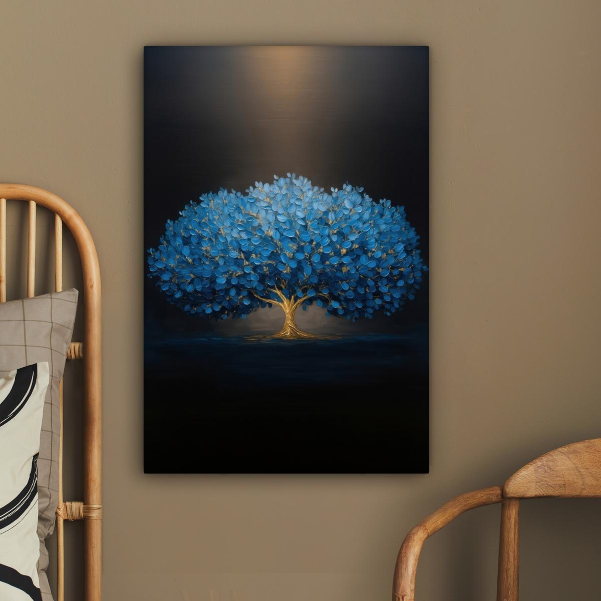 LEINWANDBILD Baum - Blau - Blätter - Pinselstriche Wanddeko Schlafzimmer 60x90 cm - Blau, Textil (60/90cm) - MuchoWow