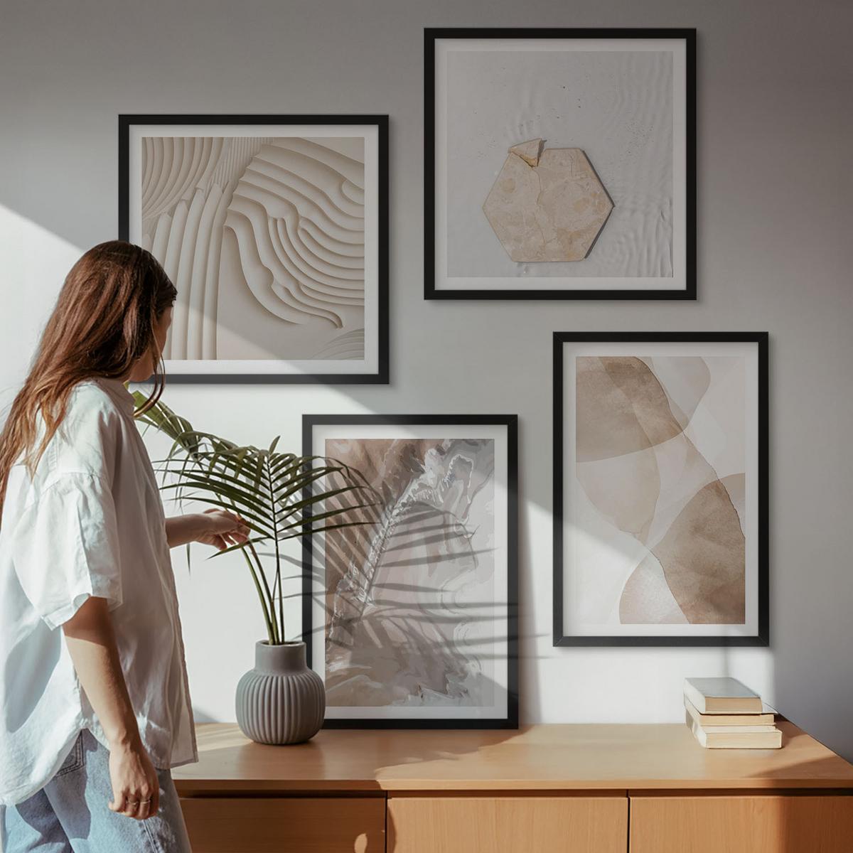 BILDER SET 4er Set - 50x50 cm & 40x60 cm Schwarzer Rahmen - Abstrakte bemalte Strukturen - Schwarz, Kunststoff (50/50cm) - TULUP