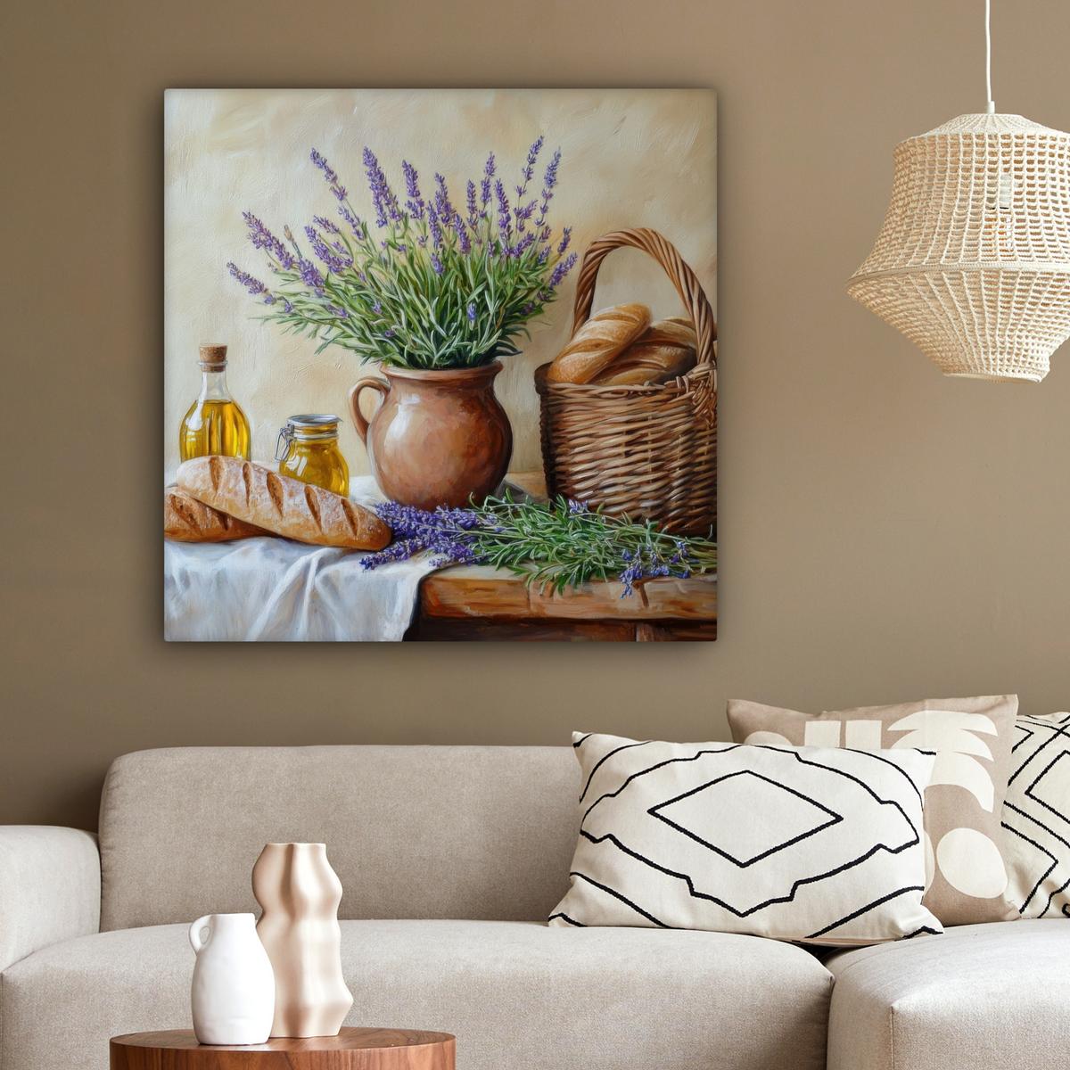 LEINWANDBILD Lavendel - Brot - Stilleben Deko Groß 90x90 cm - Flieder, Textil (90/90cm) - MuchoWow