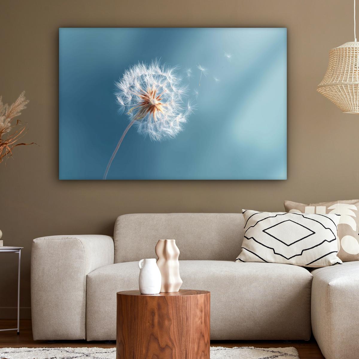 LEINWANDBILD Löwenzahn - Wind - Blau XXL 150x100 cm - Blaugrau, Textil (150/100cm) - MuchoWow