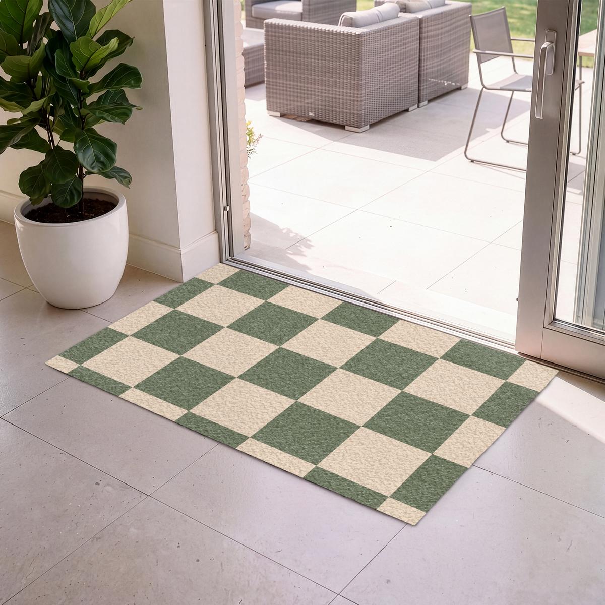FUSSMATTE Schachbrettmuster - Grün - Beige - Blöcke Flurteppich 120x80 cm - Olivgrün, Kunststoff (120/0.4cm) - MuchoWow