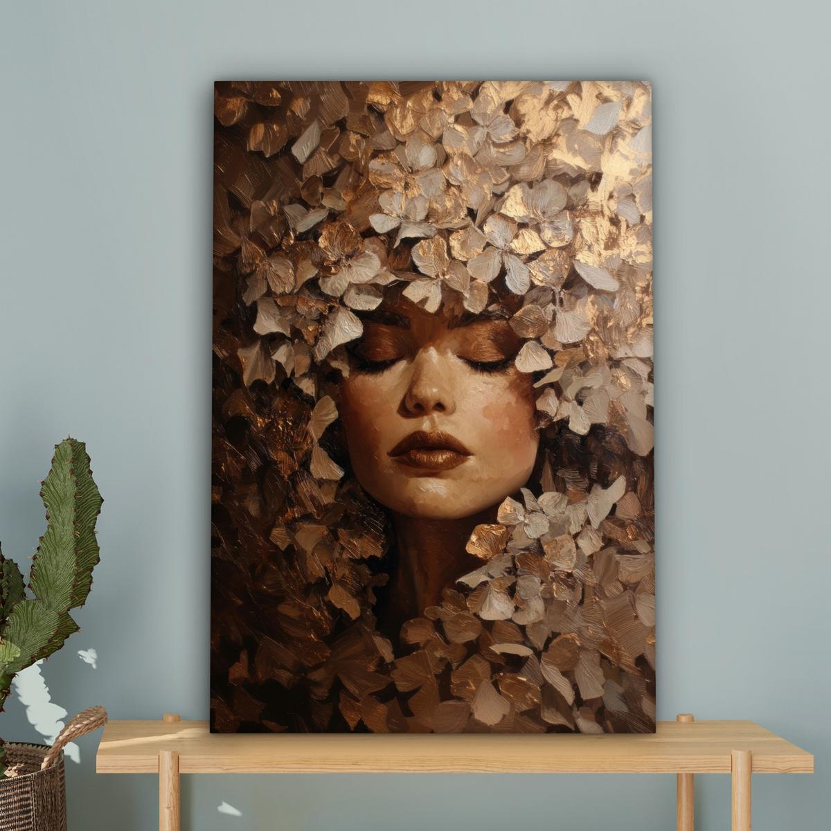 LEINWANDBILD Gesicht - Dame - Blätter - Pinselstriche Wanddeko 40x60 cm - Goldfarben, Textil (40/60cm) - MuchoWow