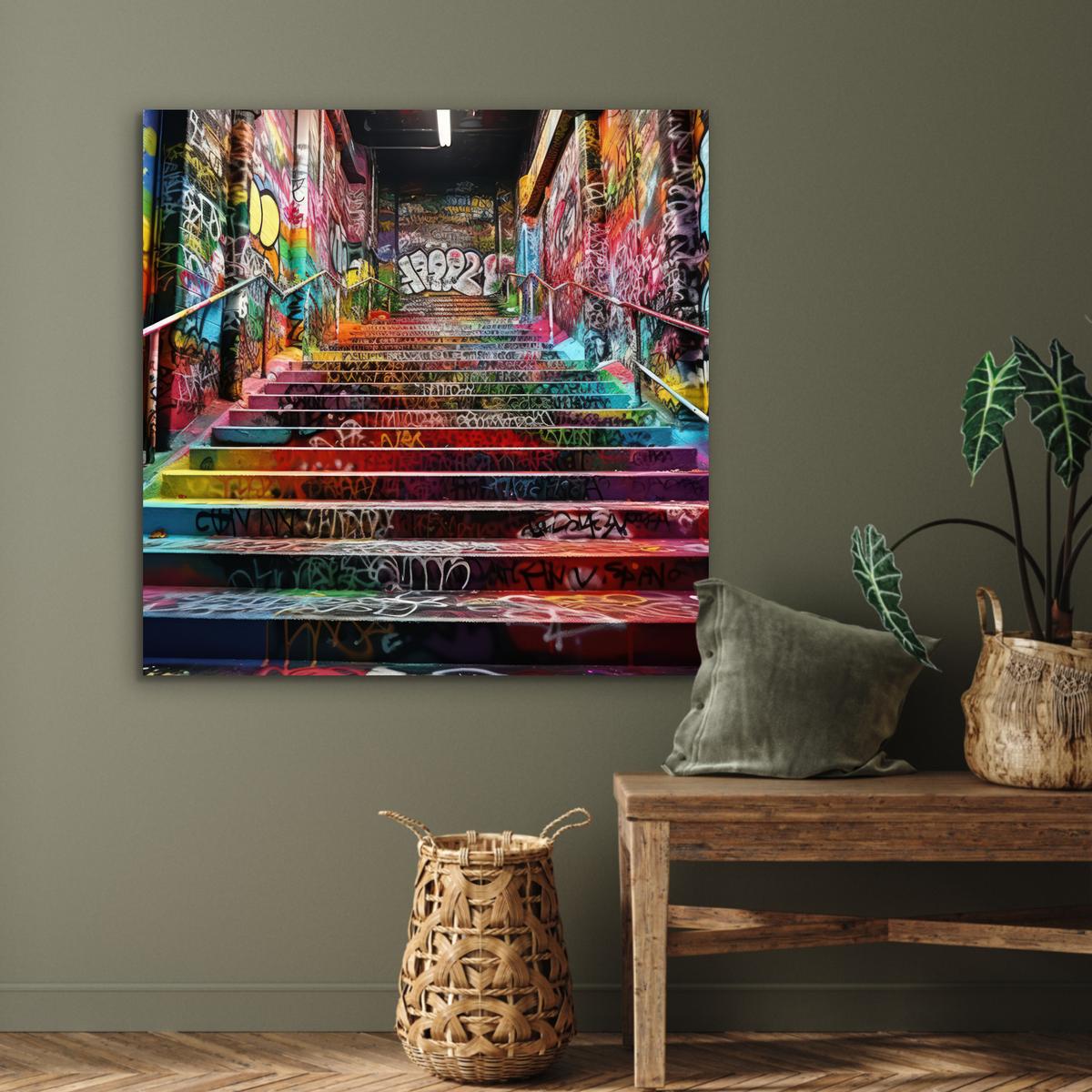 METALLBILD Treppe - Graffiti - Farben - Kunst 90x90 cm - Multicolor, Metall (90/90cm) - MuchoWow