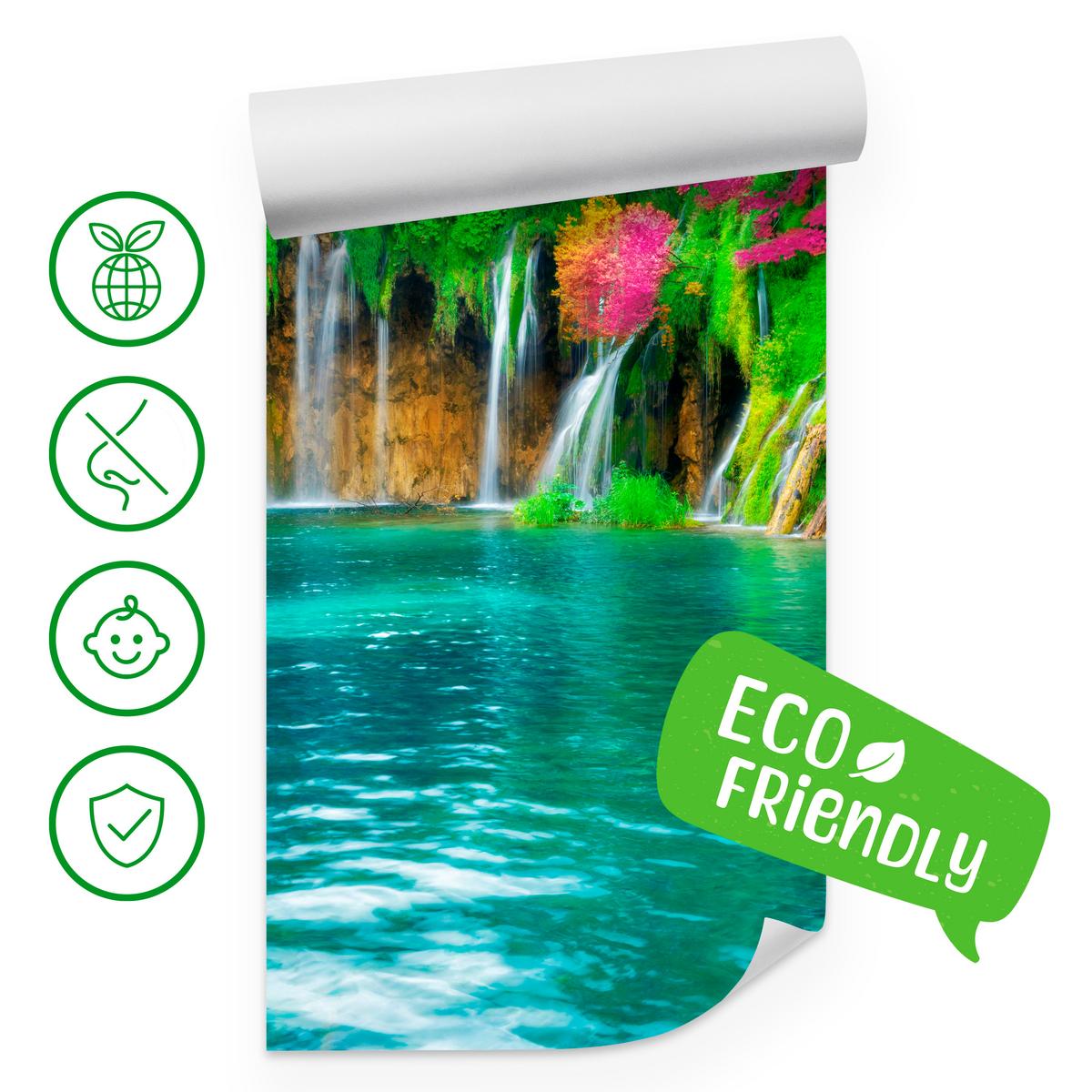 FOTOTAPETE für Küche Exotischer Wasserfall Bäume Pflanzen Tropisch 300x210 - Türkis/Violett, Papier (300/210cm) - Muralo