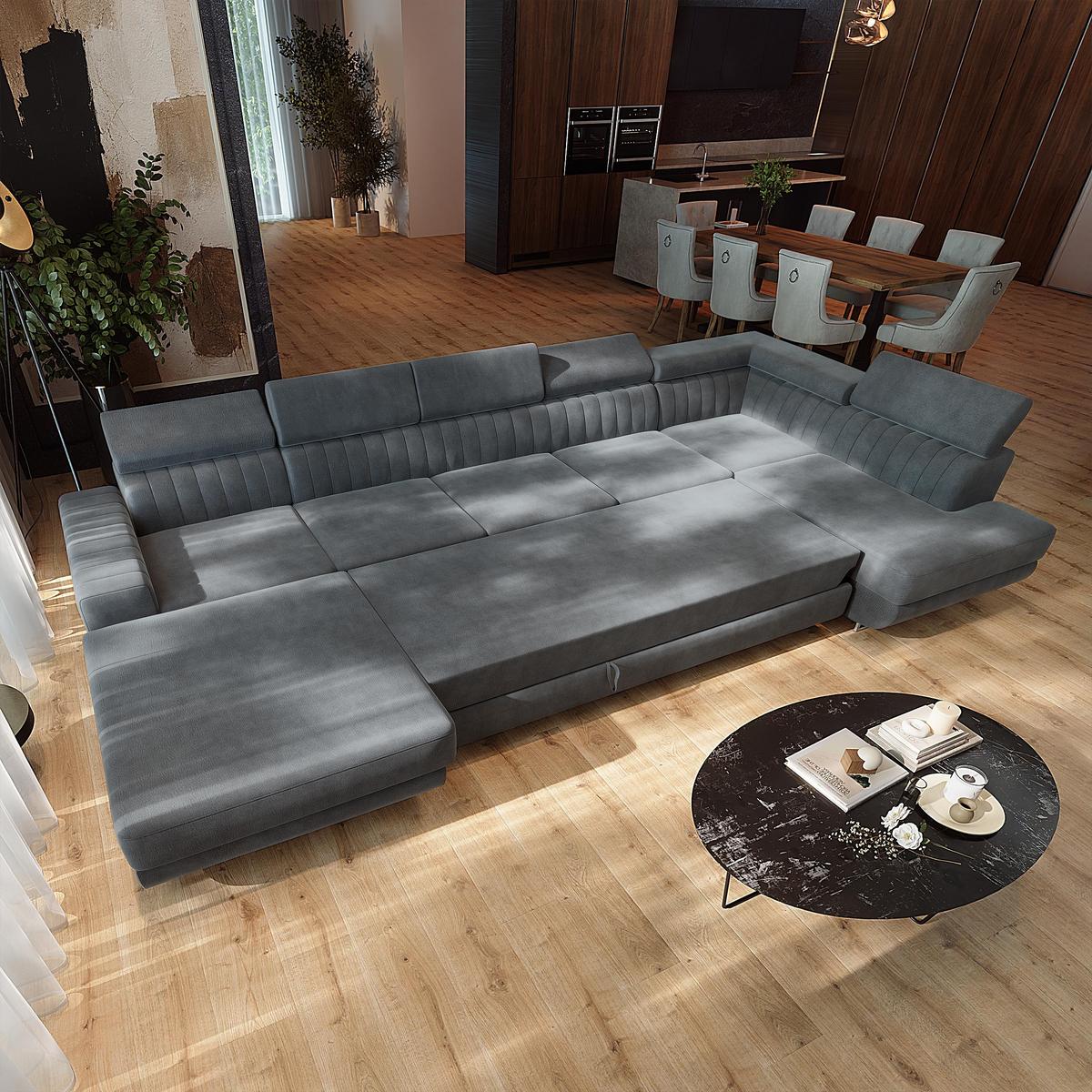 WOHNLANDSCHAFT GAIAN Grau Velours-Stoff mit Schlaffunktion - Grau, Holz (412/88/190cm) - MASSENO