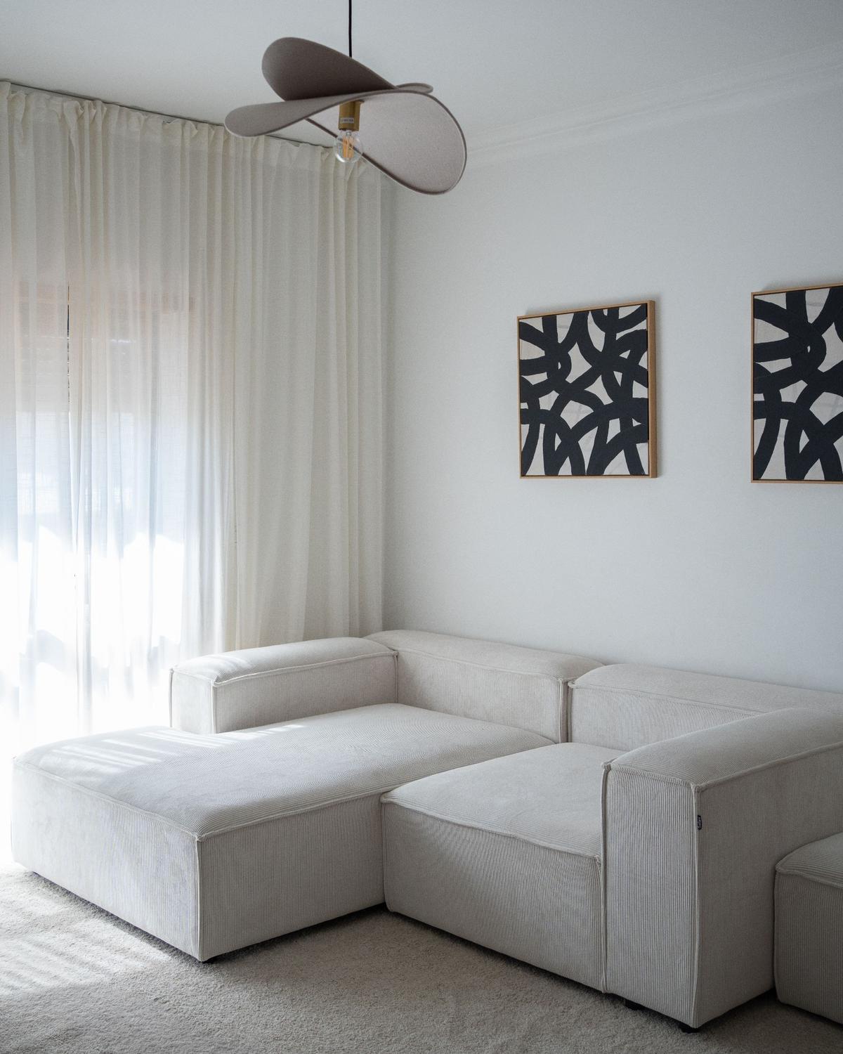 ECKSOFA Modul 3-Sitzer rechtsseitig Cremeweiß Cord mit Ottomane Ardal - Creme, Textil (240/180cm) - Beliani