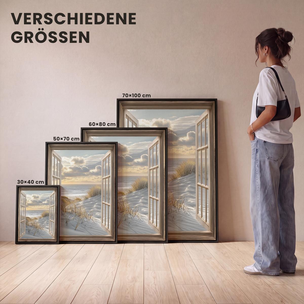 LEINWAND Bilder mit Rahmen - Ausblick - Strand - Dünen - Meer - Natur - 30x40 - Sandfarben, Textil (30/40cm) - MuchoWow