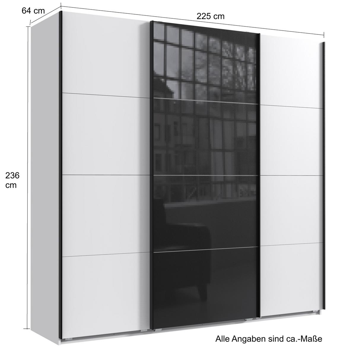 SCHWEBETÜRENSCHRANK 3-türig B225/H236/T64 cm extrahoch in Weiß, Kleiderschrank mit einer Glasfront-Tür in Schwarz / 22543 - Schwarz Hochglanz/Goldfarben, Holzwerkstoff/Metall (225/236/64cm) - luma-home