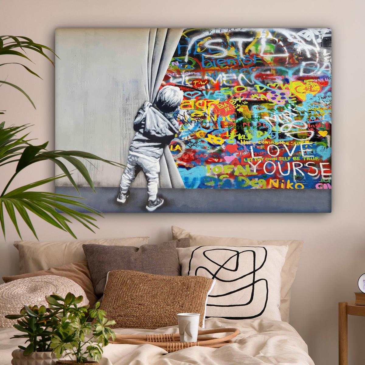 LEINWANDBILD Graffiti - Junge - Ilussie - Straßenkunst Wohnzimmer Groß 120x80 cm - Hellgrau, Textil (120/80cm) - MuchoWow