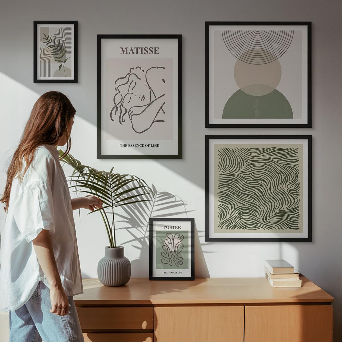 BILDER SET 5er Set - 50x50 cm & 20x30 cm & 40x60 cm Schwarzer Rahmen - Geometrische botanische Muster - Schwarz, Kunststoff (40/60cm) - TULUP