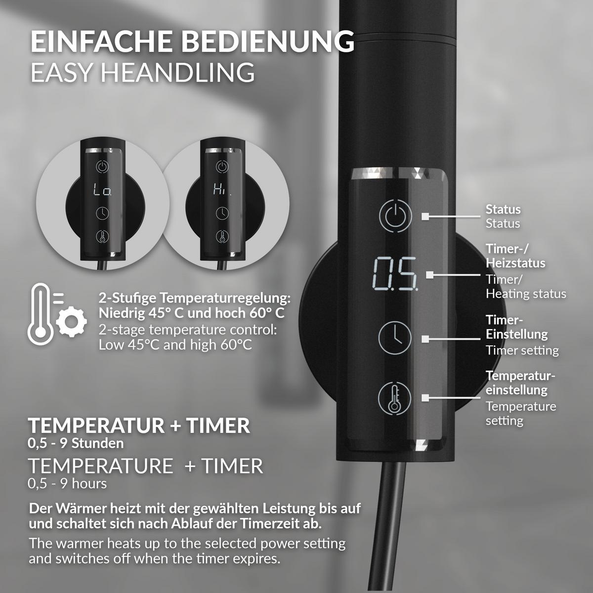 HANDTUCHWÄRMER Elektrisch Schwarz matt 75W 450x622 mm 180° drehbar - Schwarz, Metall (45/62.2/3cm) - LuxeBath
