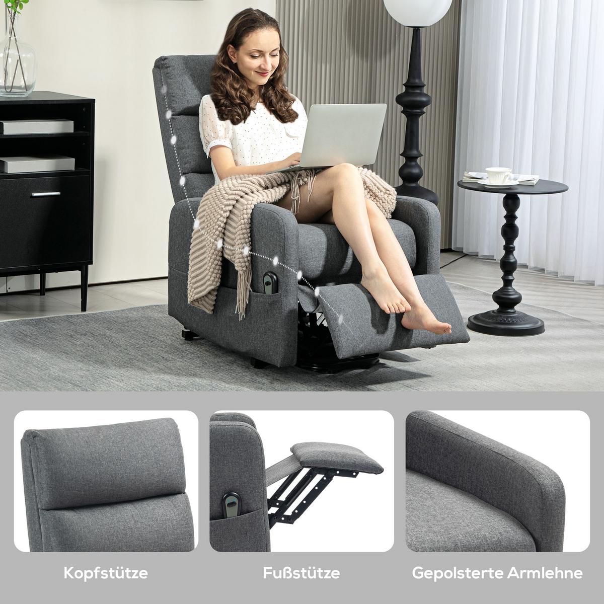 FERNSEHSESSEL mit Aufstehhilfe Elektrisch Relaxsessel mit Fußteil, Dunkelgrau - Dunkelgrau/Schwarz, Textil/Metall (62/105/86.5cm) - HOMCOM