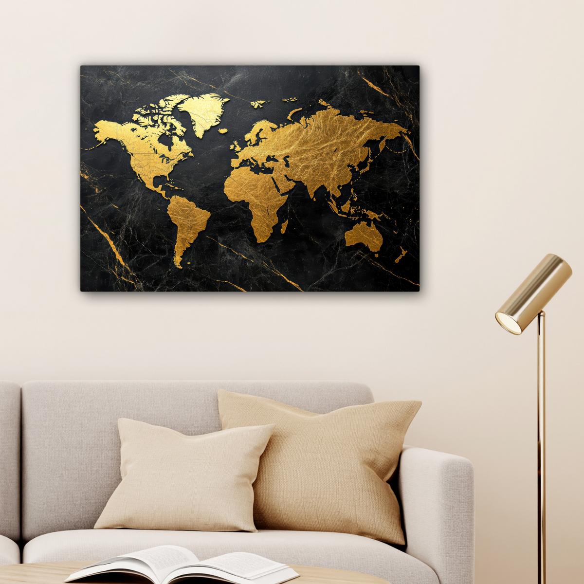 LEINWANDBILD Weltkarte - Gold - Marmor Gemälde 60x40 cm - Goldfarben, Textil (60/40cm) - MuchoWow