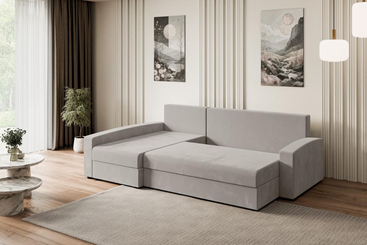 ECKSOFA mit Schlaffunktion und Bettkasten ALESIA-L 231x140x90 cm Hellbraun Velours - Hellbraun/Silberfarben, Holzwerkstoff/Kunststoff (231/140cm) - ALTDECOR